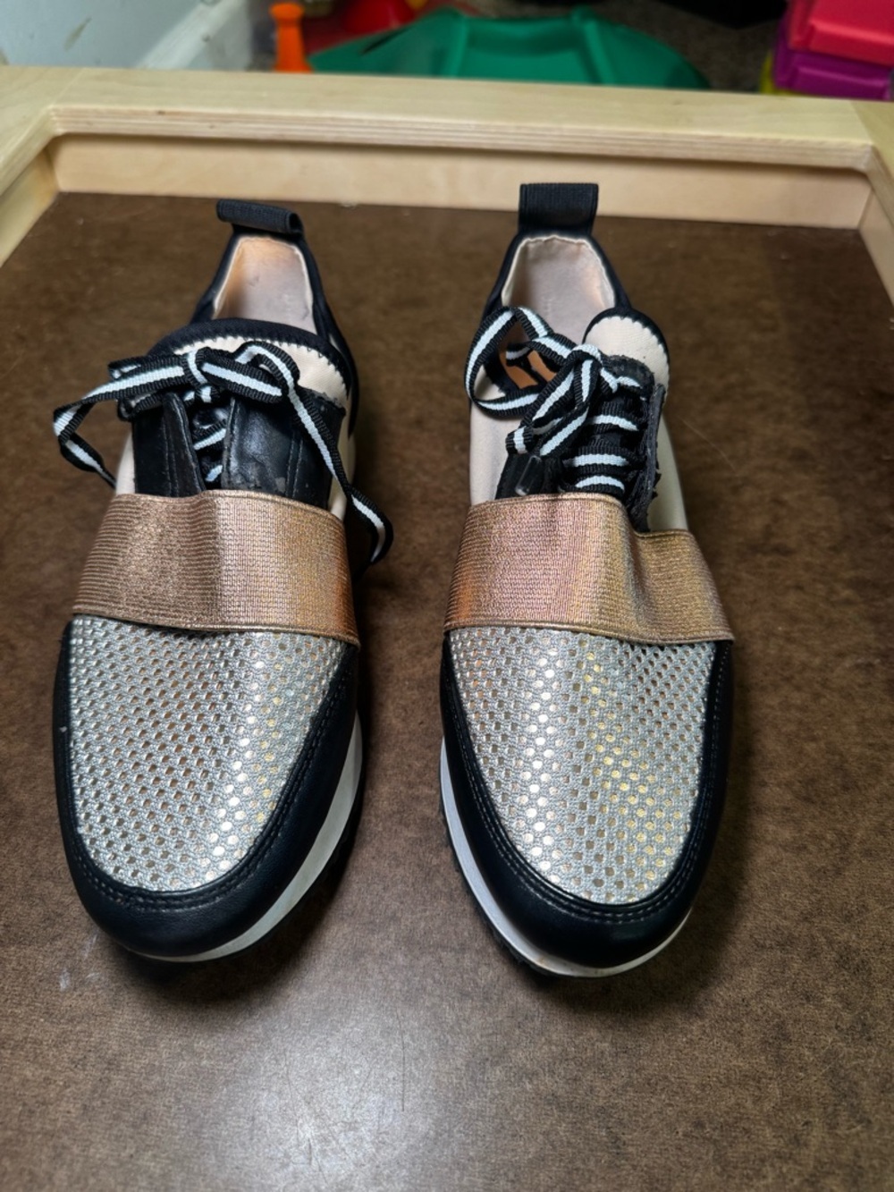 Steve Madden Black and Metallic Lace-Up Slip-On Sneakers Size 6